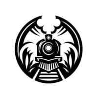 Stylized black and white emblem of a vintage train engine within a circular ornamental frame on a white background. vector