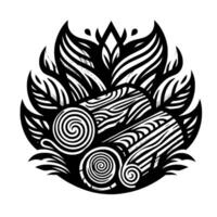 Stylized black and white design logs and spirals with leafy elements, natureinspired ornament, monochrome art vector