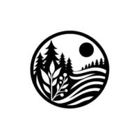 Minimalist black and white circular depicting a landscape with fir trees, rolling hills, and a stylized plant, with the sun. vector