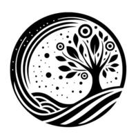 Black and white stylized tree of life inside a circular frame, depicting a harmony of nature with symbolic elements. vector