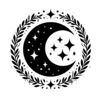 Mystical black and white crescent moon with stars within a laurel wreath, symbolic and celestial design. vector
