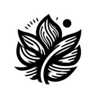 Black and white geometric floral design a stylized leaf motif with linear textures and dot accents on a minimalist white background, reminiscent of modern art. vector