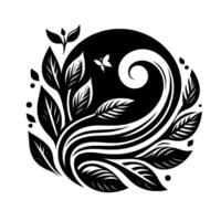 Artistic, circular black and white illustration with a butterfly, flowing lines, and stylized leaves, creating a natural, decorative motif. vector
