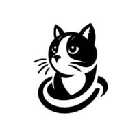 Stylized black and white cat logo minimalist of a tuxedo cat with whiskers, focused gaze, and abstract shape on white. vector