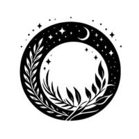 Celestial circle crescent moon and stars within a botanical wreath, a minimalist in black and white. vector