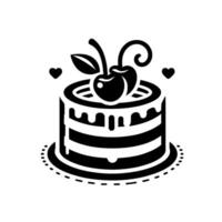 Minimalist blackandwhite cake illustration with a cherry topping, dripping icing, and heart accents, evoking a playful and sweet aesthetic. vector