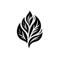 Black and white stylized leaf featuring a symmetrical arrangement of overlapping leaves and detailed veins on a white background, evoking natural elegance. vector