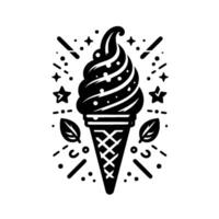 Whimsical black and white illustration of an ice cream cone with decorative elements, stars, leaves, and geometric accents. vector
