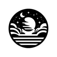 Minimalist circular scene moonlit ocean with clouds, stars, and celestial aesthetics in a black and white artistic design. vector
