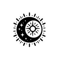 Monochromatic celestial design crescent moon and radiant sun with stars, within a dotted circular border. vector