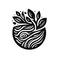 Black and white stylized botanical illustration of plant in a decorative bowl with intricate, abstract wavelike patterns and leaf details. vector
