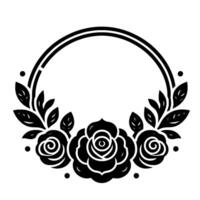 Monochromatic floral circular frame design, featuring three roses, leaves, and dots. vector
