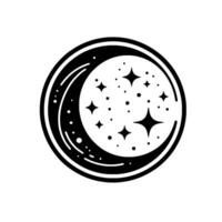 Black and white celestial graphic a crescent moon and stars within a circular frame, minimalist design. vector