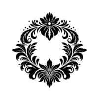 An elegant symmetrical floral wreath in black, with stylized leaves, petals, and ornamental flourishes arranged in a circular pattern on a clean white background. vector
