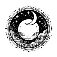 Celestial circle crescent moon, stars, ocean waves, and rainbows enclosed in a decorative frame black white vector