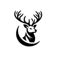 Silhouette of a majestic stag with magnificent antlers enclosed in crescent design, against white background. vector