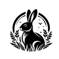 A stylized black rabbit illustration within a circular frame, surrounded by foliage and birds against a white backdrop, evoking natures harmony. vector