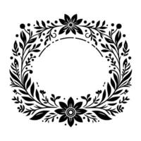 Black and white oval floral frame with flowers, leaves, and a central blank space for text or elements. vector
