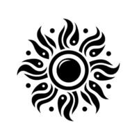 Stylized black and white sunburst illustration with flamelike rays and central circle on a white background. vector