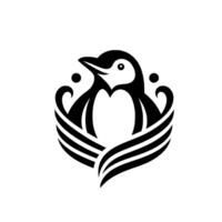 Minimalist black and white penguin logo, heartshaped chest, nestlike embellishment, and two decorative dots, symbol of warmth. vector