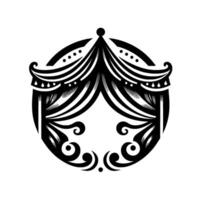 Intricate black and white illustration of an ornate, circusinspired tent structure contained within a circular frame, evoking elegance. vector