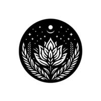 Serene black and white circular featuring a lotus flower beneath a crescent moon and a starry sky, emphasizing natures calmness. vector