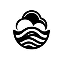 Abstract black and white depicting clouds above stylized waves inside a curved, bowllike shape, with a subtle shadow. vector