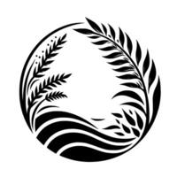 Circular black and white botanical illustration featuring stylized plants, leaves, and a wavy ground line, framed by a black circle, creating a minimalist and elegant design. vector