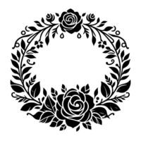 Elegant black and white floral wreath featuring roses, leaves, and decorative elements on a clean background, for invitation and use. vector