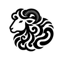 Stylized black and white ram with curly wool and horns, simple on white background. vector