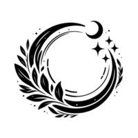 Celestial botanical circle design black and white illustration with crescent moon, stars, leaves, and foliage frame. vector