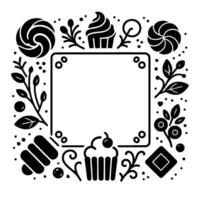Black and white food and floral border frame with empty center for text, celebration of sweets. vector