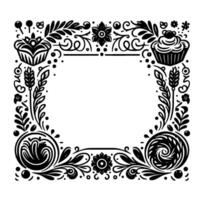 Intricate black and white floral border with cupcakes and decorative elements, framing empty space. vector