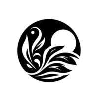 Elegant black and white circular featuring serpentine foliage, a dot, and a luminous orb, symbolizing harmony. vector