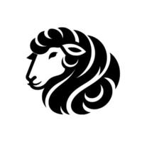 Stylized black and white sheep head logo, showing a side profile, curly wool effect, smooth lines and a minimalist aesthetic on a white background. vector