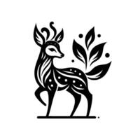 Stylized black white deer with leafy tail and antlers, modern minimalist design, geometric silhouette. vector
