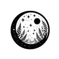 Celestial nightscape circular illustration featuring starry sky, moon, and stylized fern foliage in black and white linework. vector