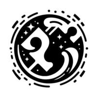 Monochromatic emblem abstract composition within a circle, featuring stylized wave, mountain, stars, and puzzle piece, forming a mysterious symbol. vector