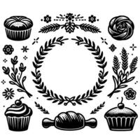 Stylized black and white bakery with cupcakes, rolling pin, floral wreath, and decorative elements. vector