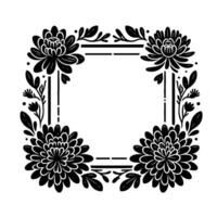 Ornate black and white floral frame with detailed chrysanthemums, leaves and a blank square center for invitations, art, or elements. vector