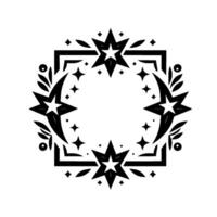 Black and white geometric starry celestial wreath with botanical accents and square frame, perfect for decoration or logos. vector