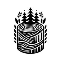 Abstract black and white illustration of a tree stump with evergreen trees and foliage, symbolizing nature and growth. vector