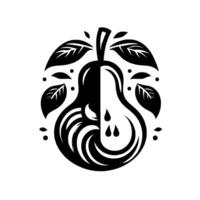Stylized black and white pear with leaves and droplets, symmetric and ornamental composition on white. vector
