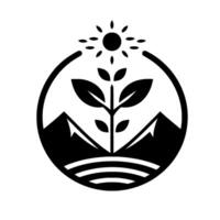 A minimalist, black and white emblem depicting a plant growing between two mountains under a sun, all within a circle. vector