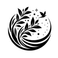 Elegant black white circular logo stylized foliage flying bird with celestial dots, evoking nature, peace, and serenity. vector