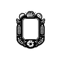 Decorative black and white frame featuring stylized food icons, wheat, and leaves, perfect for culinary, bakery, or rusticthemed content. vector