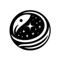 Minimalist circular logo rocket amidst a starry night, black and white design. vector