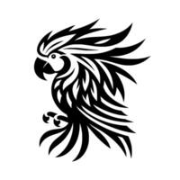 Bold black and white parrot icon a stylized tribalinspired of a crested bird with dynamic feather patterns on a clean white backdrop. vector