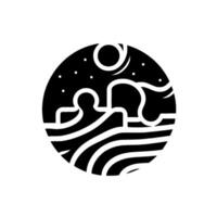 Symbolic minimalist illustration of a night sky, moon, stylized ocean waves and abstract land formations within a circular frame, evoking a sense of calmness. vector
