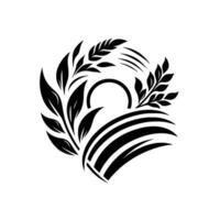 Abstract black and white illustration of a stylized agriculture featuring wheat stalks, curved fields and a circular sun shape, all enclosed. vector